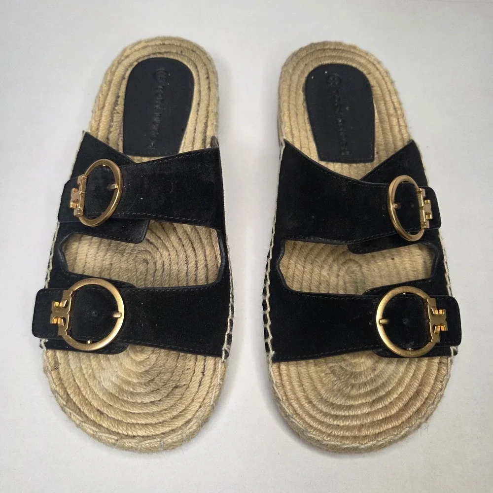 Tory Burch Selby Two-Band Espadrille Slide Sandals Black Suede Gold Logo Buckle